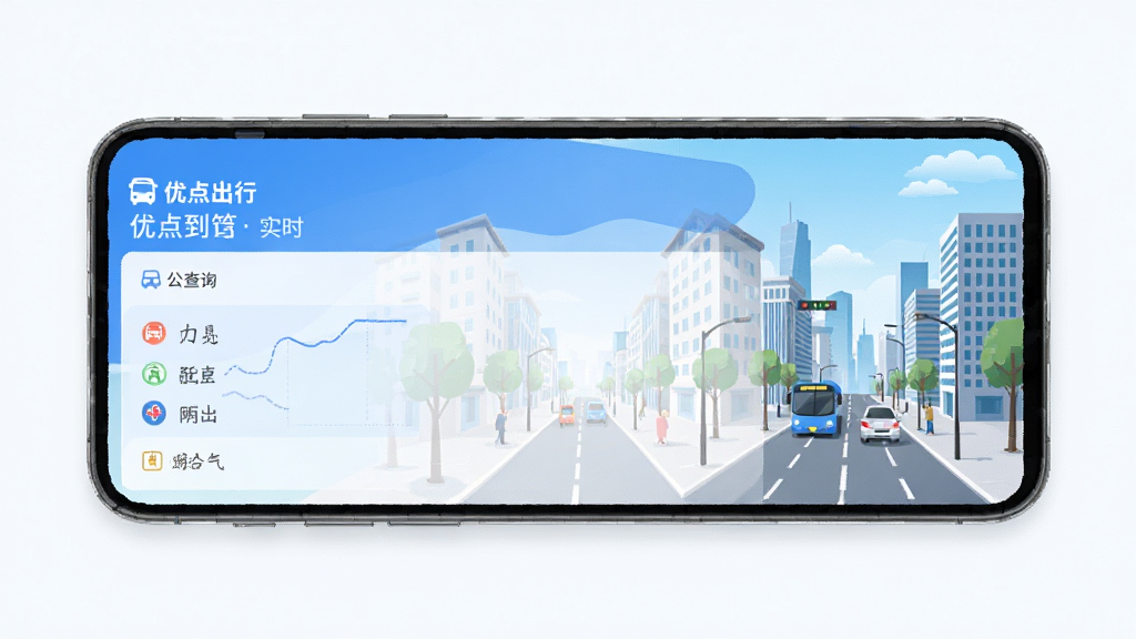 优点出行 应用主界面 手机 公交查询 实时到站 城市街景 扁平化 清新 蓝色调 干净 无多余元素 高清