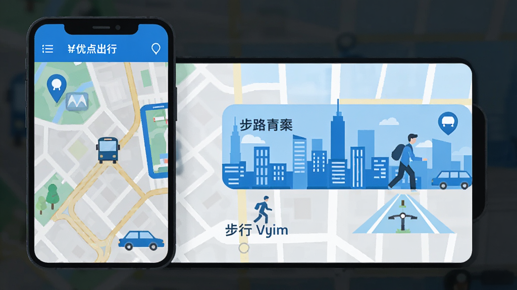 优点出行 线路规划 手机地图 换乘方案 步行导航 城市 扁平风格 蓝色 干净 高清