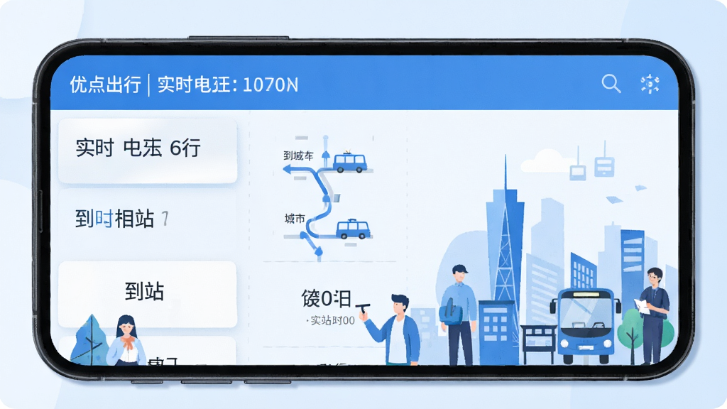优点出行 实时公交 手机屏幕 线路列表 到站时间 城市交通 扁平插画 蓝色 干净 高清