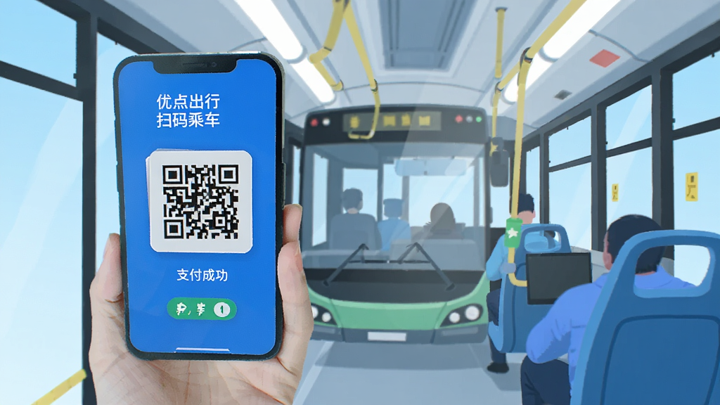 优点出行 扫码乘车 手机二维码 公交车 支付成功 界面 扁平化 科技感 蓝色 干净 高清
