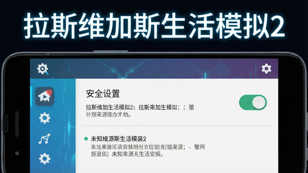 手机游戏安装设置界面示意图,画面为安卓手机屏幕显示安全设置与未知来源安装选项,主体为手机UI界面,上方用发光字写“拉斯维加斯生活模拟2”,风格为科技感扁平化设计,细节包含设置图标、开关按钮、提示文字,画质高清,干净无多余元素