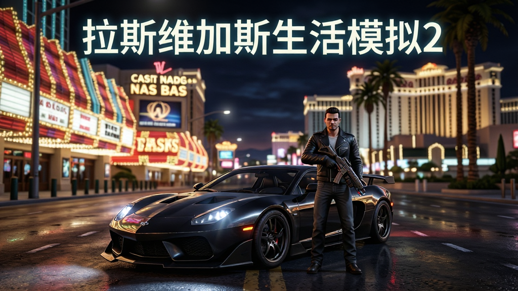 游戏主视觉图,画面中央是拉斯维加斯繁华夜景街道,霓虹灯牌高耸,一辆黑色改装跑车停在路中央,主角身穿黑色皮衣手持武器站在车旁,远景有赌场大楼与棕榈树,主体居中布局,上方用发光字体写“拉斯维加斯生活模拟2”,风格为写实3D游戏封面,细节包含路面反光、灯牌光晕、车身金属质感,画质4K高清,干净无多余元素