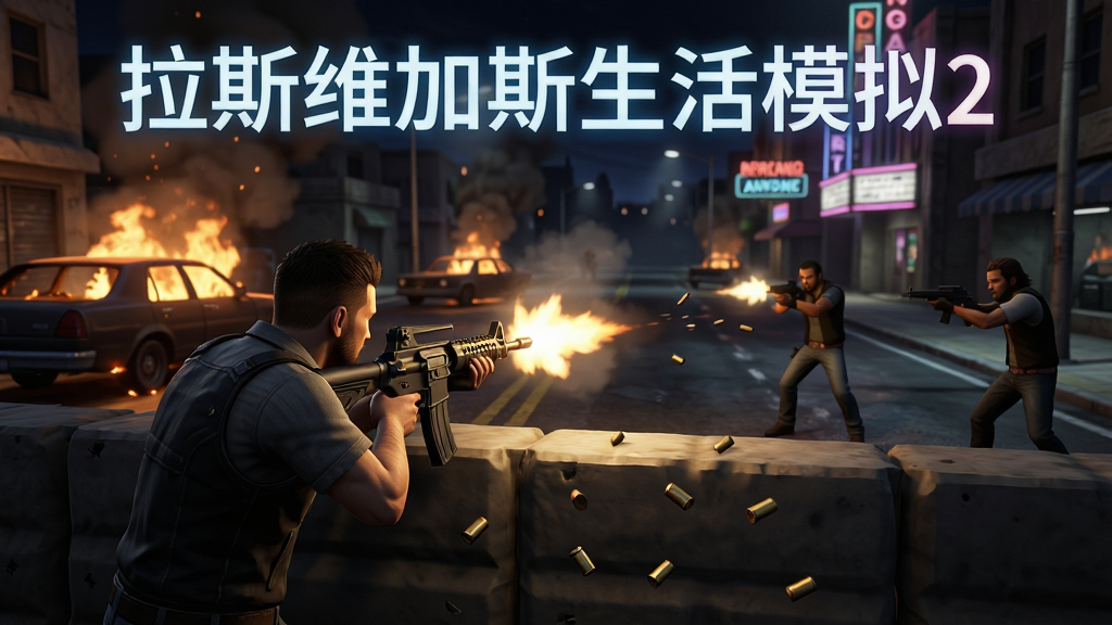 游戏帮派战斗场景图,画面为夜晚街头枪战,主角躲在掩体后持枪射击,对面有敌对帮派成员,背景有燃烧的车辆与霓虹灯牌,主体为战斗对峙布局,上方用发光字写“拉斯维加斯生活模拟2”,风格为动作游戏实机截图,细节包含枪口火焰、弹壳飞溅、烟雾效果,画质高清,干净无多余元素