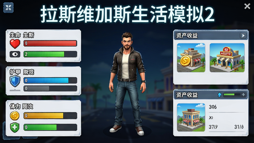 游戏角色养成与资产界面展示图,画面中央是主角全身像,周围环绕着生命值、护甲值、体力条与资产收益面板,主体为角色属性界面,上方用发光字写“拉斯维加斯生活模拟2”,风格为游戏UI截图,细节包含属性图标、金币符号、资产建筑小图,画质高清,干净无多余元素