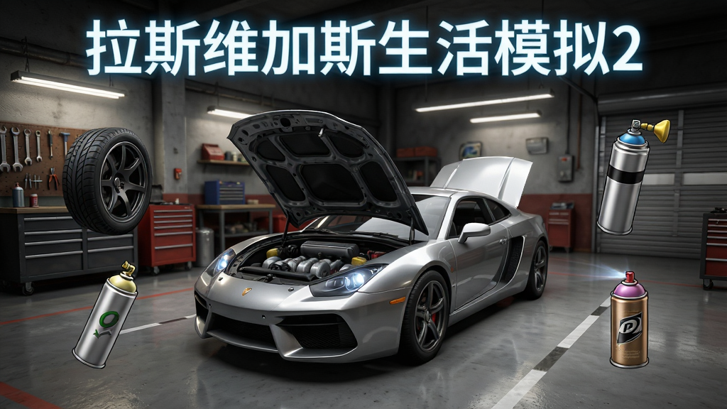 游戏载具改装界面展示图,画面中央是一辆打开的引擎盖跑车,周围悬浮着轮胎、氮气瓶、喷漆罐等改装零件图标,主体为改装车间场景,上方用发光字写“拉斯维加斯生活模拟2”,风格为游戏UI界面截图,细节包含金属工具、车库灯光、零件反光,画质高清,干净无多余元素