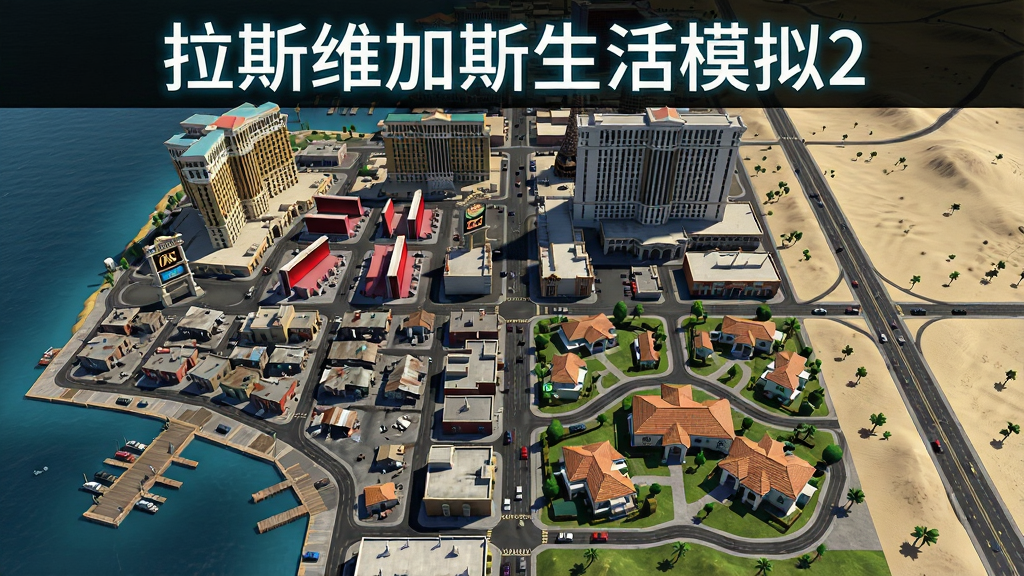 游戏开放世界地图展示图,画面为俯瞰视角的拉斯维加斯城市全貌,包含赌场区、贫民窟、码头、别墅区与沙漠公路,道路上车流穿梭,主体为城市地图布局,上方用发光字写“拉斯维加斯生活模拟2”,风格为游戏实机截图,细节包含建筑阴影、道路标线、区域色彩区分,画质高清,干净无多余元素