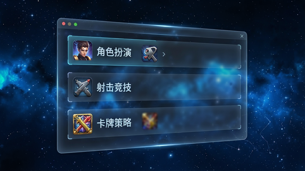一张展示游戏账号分类列表的图片,画面主体是一个悬浮在空中的半透明列表界面,上面列出“角色扮演”“射击竞技”“卡牌策略”等分类标签,每个标签旁边有对应的游戏图标,背景是深蓝色星空,整体布局整齐,风格科技感十足,画质高清,干净无多余元素