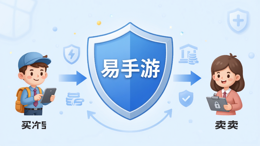 一张展示安全交易流程的图片,画面中央是一个盾牌图标,盾牌上有“易手游”字样,盾牌两侧分别有买家和卖家的卡通形象,中间有箭头表示资金托管流程,背景是淡蓝色,风格安全可靠,布局对称,画质高清,干净无多余元素