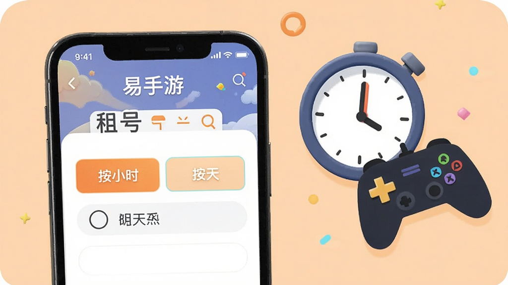 一张展示租号服务界面的图片,画面中一部手机显示“易手游”租号页面,有按小时和按天选择的选项,旁边有一个时钟图标和游戏手柄,背景是淡橙色,风格轻松活泼,布局简洁,画质高清,干净无多余元素