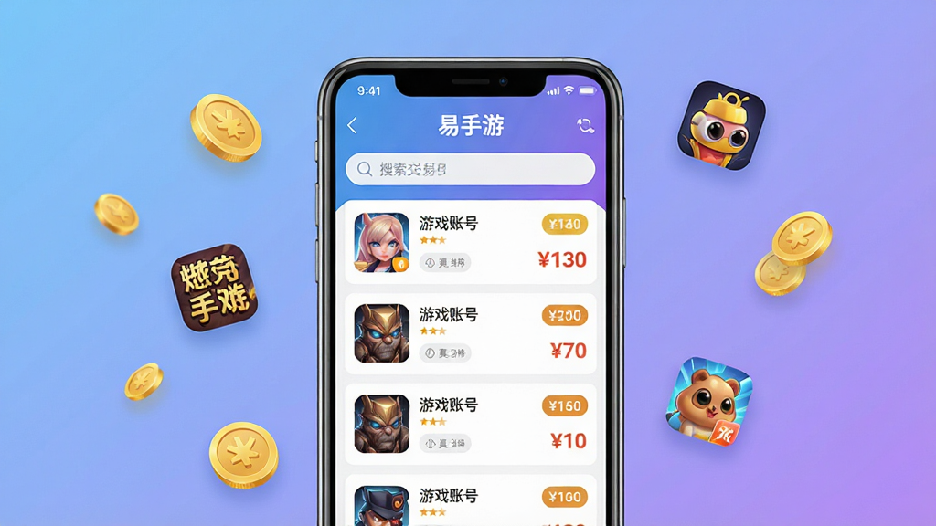 一张展示手机游戏交易平台界面的图片,画面中央是一部智能手机,屏幕上显示“易手游”应用的主页,页面中有游戏账号列表、价格标签和搜索栏,背景是柔和的蓝紫色渐变,周围漂浮着几个热门游戏图标和金币符号,整体风格简洁现代,布局清晰,画质高清,干净无多余元素