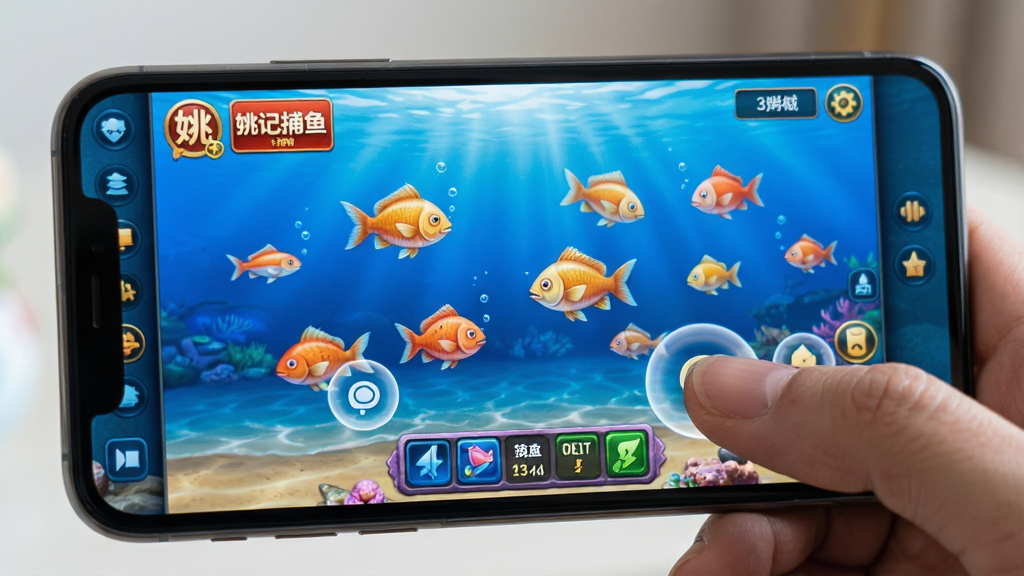 姚记捕鱼安卓版在手机上的运行画面,主体为玩家手持手机展示游戏捕鱼场景,布局为手机屏幕特写,排版展示游戏界面与手指点击操作,风格为生活化场景摄影,细节包括手机边框、手指触控、屏幕内鱼群游动,画质清晰,干净,无多余元素