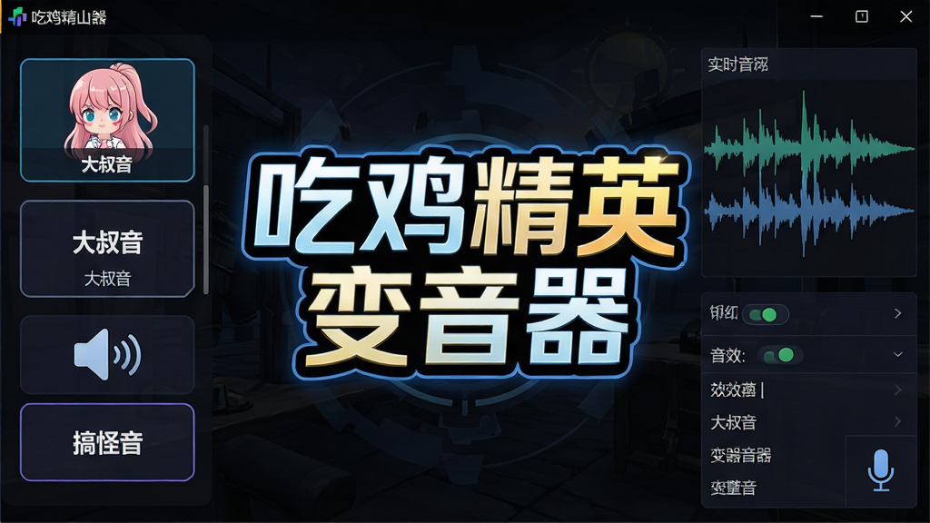 吃鸡精英变音器软件主界面截图,画面中央是软件名称“吃鸡精英变音器”的醒目Logo,背景为深色游戏风格,左侧排列着萌妹音、大叔音、搞怪音等变声按钮,右侧展示实时波形图,整体布局简洁清晰,风格为科技感UI设计,细节包括悬浮窗开关、音效列表和麦克风图标,画质高清,干净,无多余元素