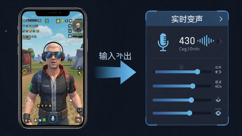 吃鸡精英变音器实时变声功能展示图,画面左侧是手机游戏界面,右侧是变声参数调节面板,中间用箭头表示声音输入到输出的实时处理过程,面板上显示延迟数值极低,风格为扁平化科技风,细节包括麦克风、声波图标和“实时变声”字样,画质清晰,干净,无多余元素