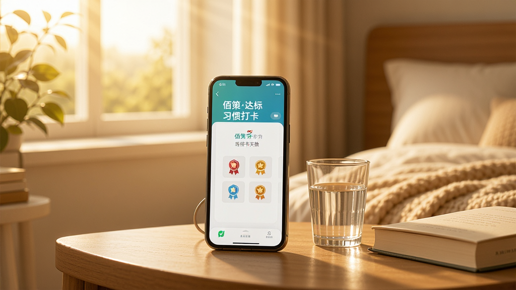 清晨阳光透过窗户照进卧室,床头柜上手机屏幕显示“佰策达标”的习惯打卡页面,页面中有连续打卡天数和徽章图标,旁边有一杯水和一本书,背景为温馨卧室,布局居中,风格温暖,细节清晰,画质高清,干净,无多余元素