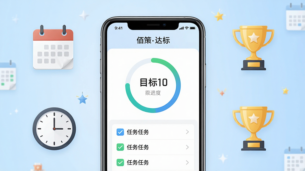 画面中央是一部智能手机,屏幕上显示“佰策达标”应用界面,界面中有目标进度环和任务清单,手机周围环绕着日历、时钟、奖杯等图标,背景为浅蓝色渐变,整体布局左右对称,风格简洁现代,细节清晰,画质高清,干净,无多余元素