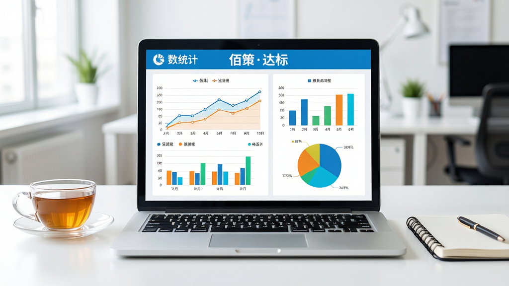 一张办公桌上放着一台打开的笔记本电脑,屏幕上显示“佰策达标”的数据统计页面,页面中有折线图、柱状图和饼图,图表颜色鲜明,桌子旁边有一杯茶和一本笔记本,背景为明亮办公室,布局居中,风格清新,细节丰富,画质高清,干净,无多余元素