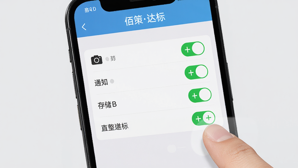 一部手机屏幕显示“佰策达标”的权限设置页面,页面中有相机、通知、存储等权限开关,旁边有手指正在点击开启按钮,背景为浅灰色,布局居中,风格简洁,细节清晰,画质高清,干净,无多余元素