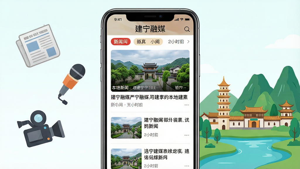 一幅展示建宁融媒本地新闻资讯功能的画面,主体是一部手机屏幕中显示建宁融媒APP的新闻列表页面,页面上方有建宁融媒字样,下方排列着多条带有缩略图的新闻标题,手机左侧漂浮着报纸、话筒、摄像机等新闻采编元素图标,右侧是建宁县标志性建筑与青山绿水的简化插画,布局为手机居中、元素环绕,风格清新明快,细节包含新闻分类标签与更新时间,画质清晰,干净,无多余元素。