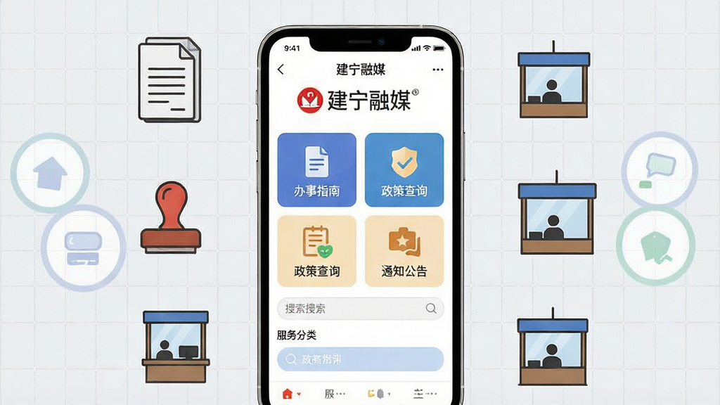 一幅展示建宁融媒政务便民服务功能的画面,主体是一部手机屏幕中显示建宁融媒APP的政务服务页面,页面上有建宁融媒文字标识与办事指南、政策查询、通知公告等功能入口图标,手机周围环绕着文件、印章、办事窗口等简约图标,背景为淡灰色网格,布局为手机居中、图标环绕,风格严肃而不失亲和,细节包含服务分类与搜索框,画质清晰,干净,无多余元素。