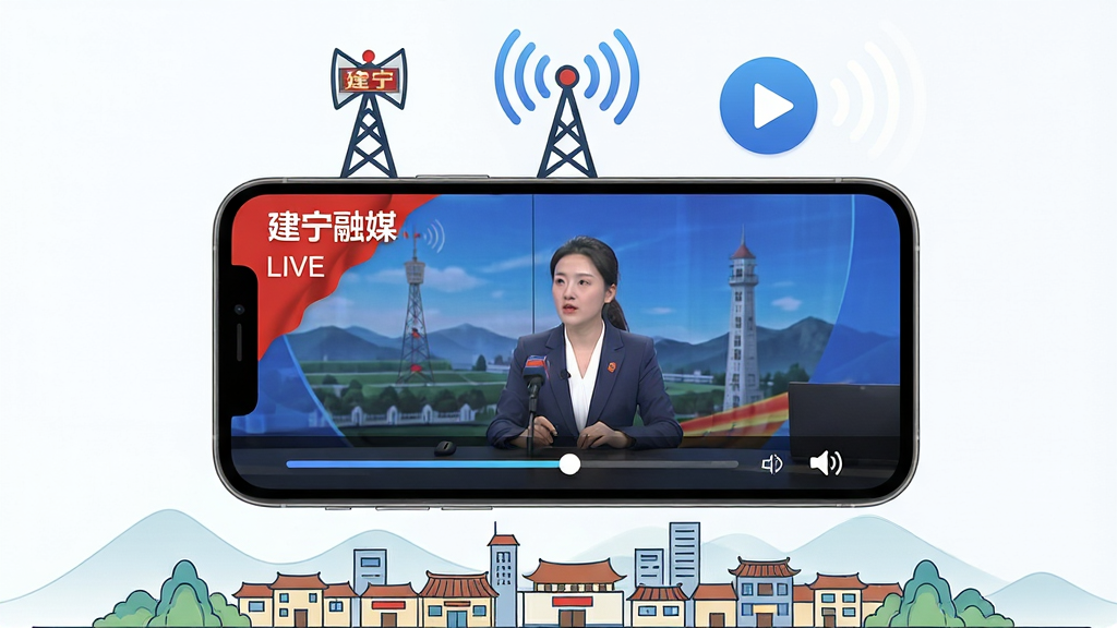 一幅展示建宁融媒广播电视直播功能的画面,主体为一部横屏手机中正在播放建宁融媒APP的电视直播界面,屏幕内有建宁融媒文字角标与直播画面,手机上方漂浮着电视塔、广播电波、播放按钮等图标,下方是建宁县城远景的简约插画,布局为手机居中、上下元素呼应,风格现代科技感与地方特色结合,细节包含直播进度条与音量图标,画质高清,干净,无多余元素。