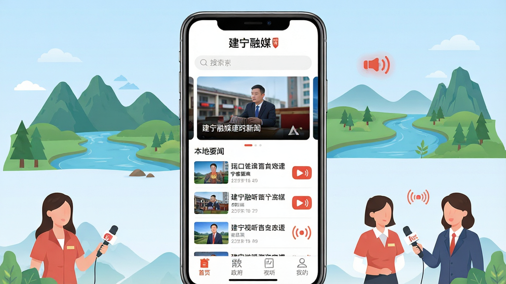 一款名为建宁融媒的手机新闻资讯应用整体界面展示,画面中央是一台竖屏智能手机,屏幕内呈现建宁融媒APP首页,顶部有建宁融媒文字标识与搜索栏,中部为轮播新闻大图与本地要闻列表,底部为首页政务视听我的四个导航图标,手机周围环绕着建宁当地山水风光与新闻记者采访的插画元素,背景为浅蓝色渐变,整体布局居中对称,风格简洁现代扁平化,细节包含新闻卡片、直播按钮、广播图标等,画质高清,干净,无多余元素。
