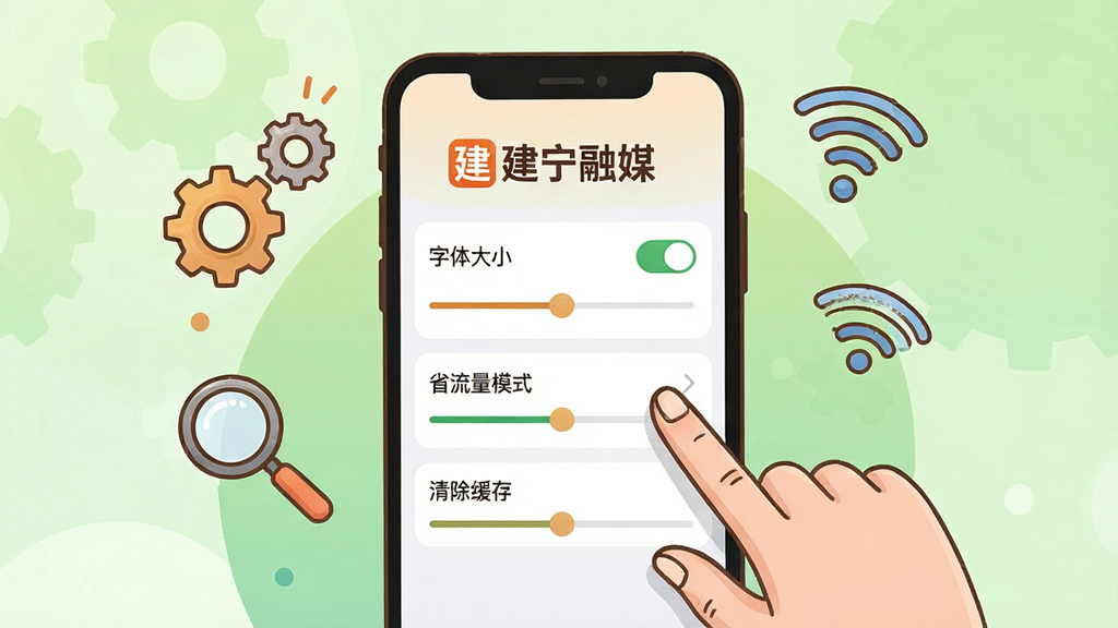 一幅展示建宁融媒使用技巧的场景插画,主体是一部手机屏幕中显示建宁融媒APP的设置页面,页面上有建宁融媒文字标识与字体大小调节、省流量模式、清除缓存等选项,手机旁边有一只手正在点击屏幕,周围漂浮着齿轮、放大镜、WiFi信号等图标,背景为浅绿色渐变,布局为手机居中、元素环绕,风格温馨实用,细节包含设置开关与调节滑块,画质清晰,干净,无多余元素。