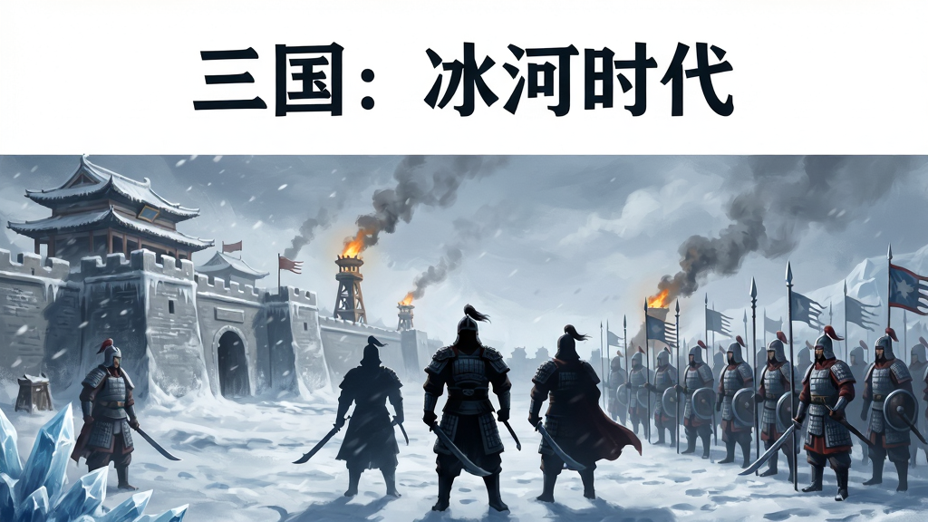 一幅以三国冰河时代为主题的横版游戏宣传图,画面主体为冰封的古代城池与身披铠甲的武将剪影,布局采用左右对称构图,左侧是风雪中的城池建筑,右侧是列阵的士兵队列,排版上标题区域留白,风格为写实厚涂CG插画,细节上刻画冰晶纹理、飘雪、烽火台狼烟,画质高清,画面干净,无多余元素,图中文字标注“三国:冰河时代”