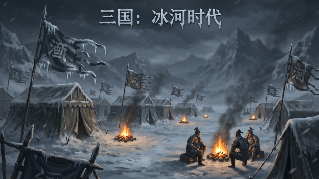 一幅展现三国冰河时代末日氛围的场景图,主体是暴风雪中的军营帐篷与篝火,布局为远景山脉、中景营帐、近景士兵围火,排版采用纵向延伸感,风格为暗调写实插画,细节包括结冰的旗帜、厚积雪、模糊的远山轮廓,画质精细,画面干净,无多余元素,图中文字标注“三国:冰河时代”