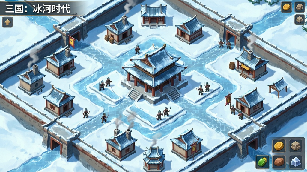 一幅三国冰河时代城池内政界面概念图,主体为冰雪覆盖的古代城池俯视图,布局采用中心主殿加四周功能建筑的放射状结构,排版清晰分区,风格为等距视角游戏UI插画,细节包括冒烟的烟囱、巡逻士兵、资源图标,画质明亮,画面干净,无多余元素,图中文字标注“三国:冰河时代”