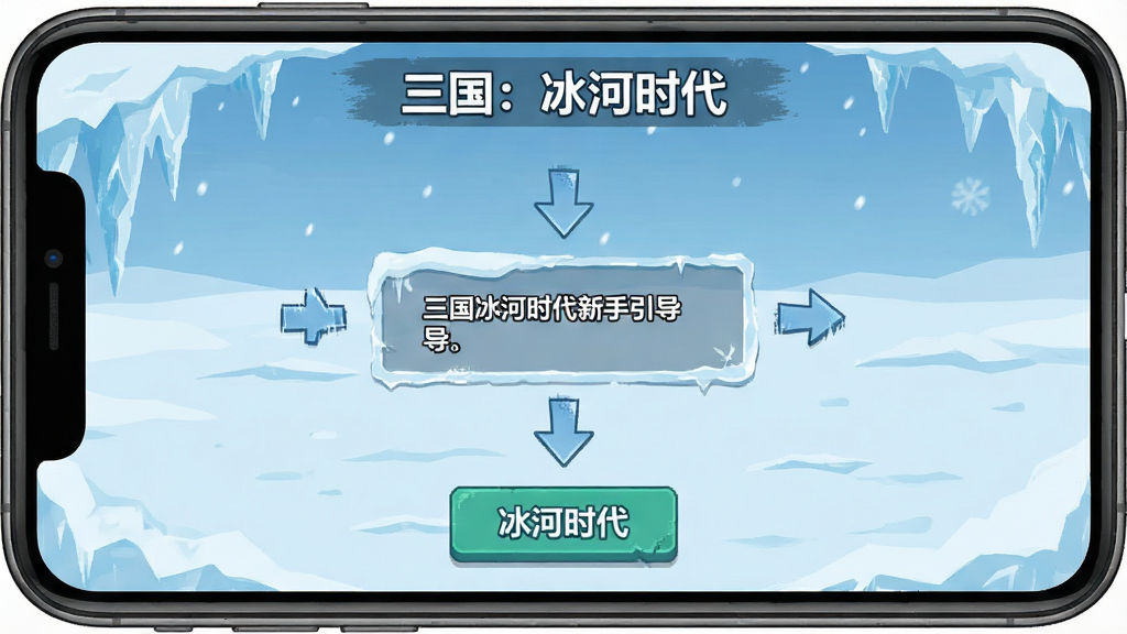 一幅三国冰河时代新手引导界面示意图,主体为手机屏幕内的游戏操作指引画面,布局采用手机边框加内部UI元素,排版简洁明了,风格为扁平化游戏界面设计,细节包括箭头指示、按钮高亮、文字提示框,画质清晰,画面干净,无多余元素,图中文字标注“三国:冰河时代”