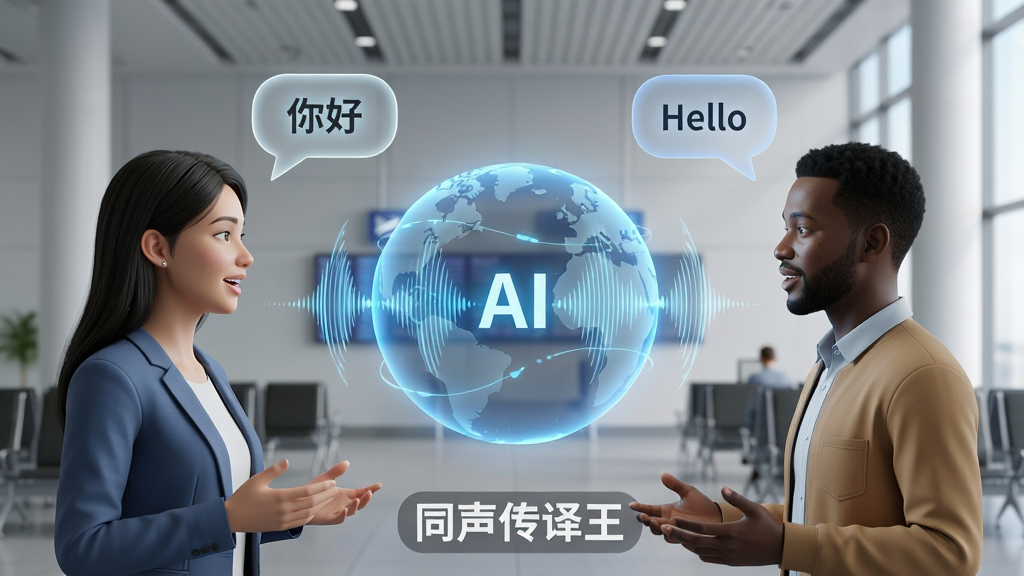 同声传译王实时语音翻译场景图,主体为两个不同国籍的人面对面站立交谈,中间悬浮着一个发光的AI翻译球体,球体表面流动着声波纹理。布局为左右对称,左侧人物说中文,右侧人物说英文,两人头顶分别有气泡显示“你好”和“Hello”。排版上翻译球体居中突出,风格为3D渲染科技风。细节包括人物表情自然、背景为简约的机场候机厅。画质高清,干净无杂物,画面中带有“同声传译王”的文字标识。