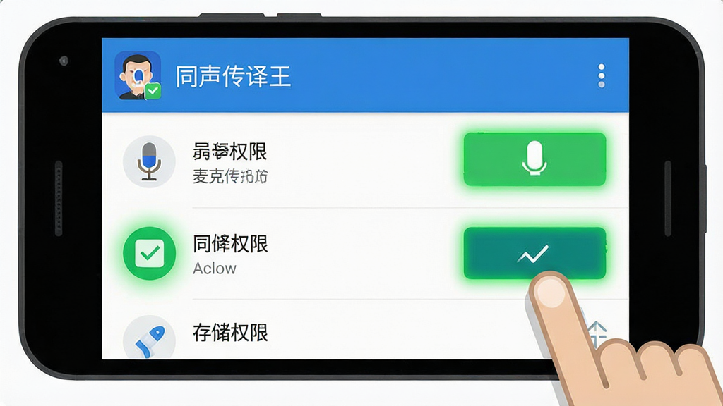 同声传译王手机权限设置示意图,主体为一部安卓手机显示应用权限管理界面,界面中麦克风权限和存储权限被高亮标注为绿色允许状态。布局为手机正面特写,界面居中。排版上权限列表清晰可见。风格为扁平化UI示意图。细节包括手指图标正在点击允许按钮。画质清晰,画面干净,界面顶部显示“同声传译王”应用名称。