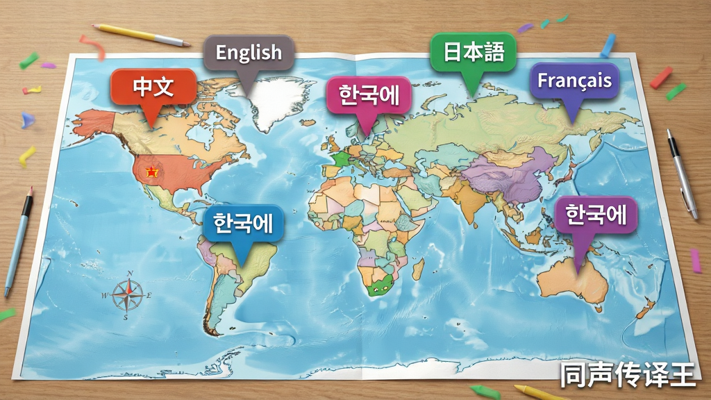 同声传译王多语言支持概念图,主体为一张世界地图平铺在桌面上,地图上不同国家位置升起彩色语言标签,标签上写着“中文”“English”“日本”“”“Franais”等。布局为俯视角度,地图居中。排版上标签错落有致。风格为清新信息图风格。细节包括地图纹理清晰、标签带有轻微阴影。画质干净明亮,画面右下角有“同声传译王”水印文字。