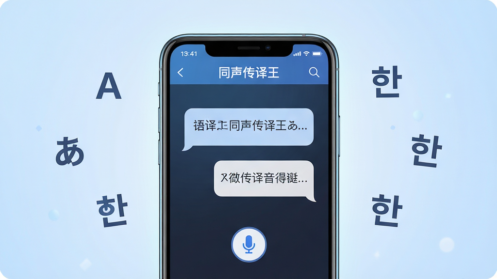 同声传译王软件主界面全貌展示,主体为一部智能手机居中放置,手机屏幕亮起显示同声传译王APP的语音翻译界面,界面中有麦克风按钮和双语对照文字气泡。布局采用中心对称构图,背景为柔和的浅蓝色渐变,周围漂浮着代表不同语言的字母符号如A、あ、等。排版简洁清晰,风格为现代科技感扁平化设计。细节上手机边缘有微光效果,界面文字清晰显示“同声传译王”字样。画质为高清4K,画面干净,无多余元素。