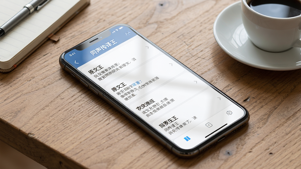同声传译王文本翻译与记录界面图,主体为一部手机斜放在木质桌面上,屏幕显示翻译历史记录列表,每条记录包含原文和译文对照。布局为对角线构图,手机占据画面主体。排版清晰展示列表项。风格为写实产品摄影风格。细节包括屏幕反光自然、桌面有笔记本和咖啡杯作为点缀。画质高清,画面干净,手机屏幕中可见“同声传译王”应用名称。