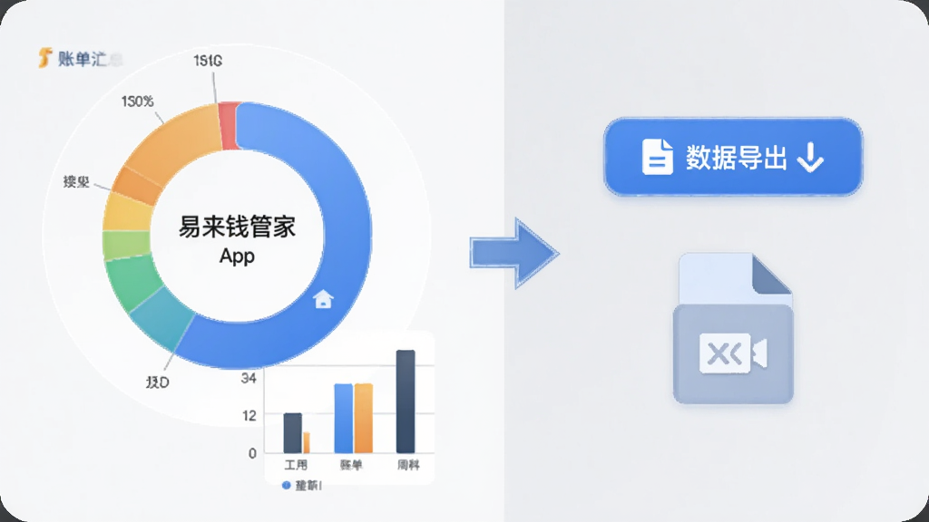 一张信息图表风格的插图,画面左侧是易来钱管家App的账单汇总环形图与柱状图,右侧是数据导出按钮与文件图标,中间用箭头连接,背景为浅灰色,整体布局左右分区,风格为商务简约,细节精致,画质干净,无多余元素