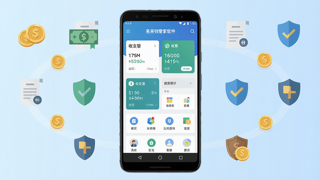 一张展示易来钱管家软件核心功能的手机界面合成图,画面中央是一部竖屏安卓手机,屏幕显示易来钱管家App的首页仪表盘,包含收支统计卡片与功能图标,背景为浅蓝色渐变,四周环绕金币、账单、盾牌等扁平化图标,整体布局居中对称,风格为现代简约科技风,细节清晰,画质干净,无多余元素