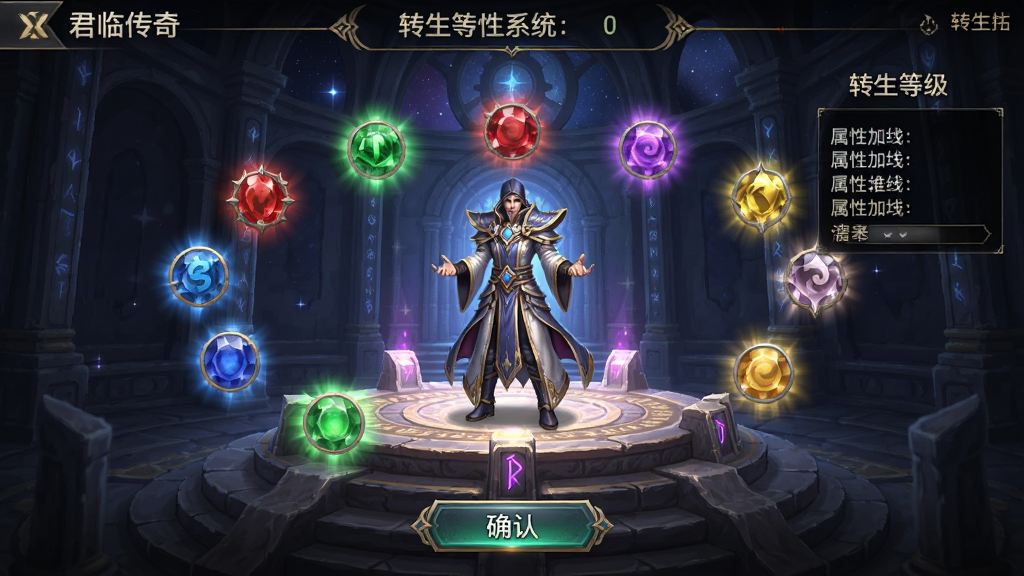 君临传奇转生系统界面,角色站在转生祭坛中央,周围环绕着十二颗转生宝石,每颗宝石散发不同颜色的光芒,背景为星空神殿,风格为神秘魔幻,细节包括转生等级显示、属性加成列表、确认按钮高亮,画质高清,干净,无多余元素