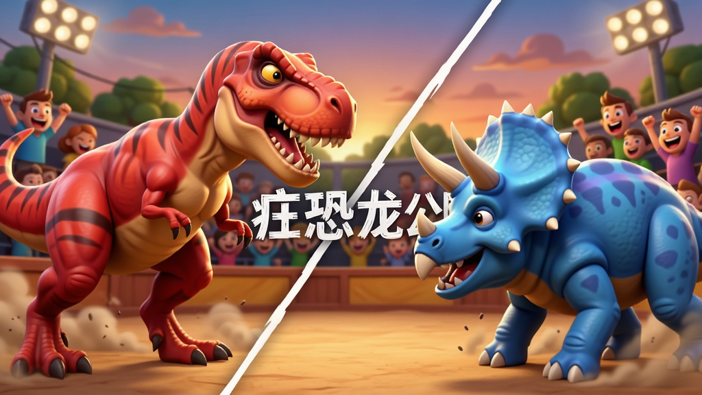 两只卡通恐龙在竞技场中对峙,一只是红色霸王龙,一只是蓝色三角龙,场地周围有观众席和围栏,背景是黄昏时分的公园场景,画面采用动感十足的对角线构图,风格为卡通3D,细节包括恐龙肌肉线条、地面尘土飞扬、观众欢呼表情,画质高清干净无多余元素,图片中央用白色字体写着“疯狂恐龙公园”