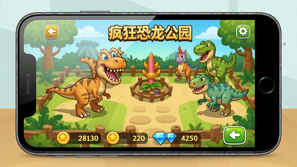一个卡通风格的手机屏幕显示疯狂恐龙公园游戏界面,屏幕中有各种恐龙在公园里活动,下方有金币和钻石数量显示,背景是简洁的桌面环境,画面采用正面视角,风格为数字插画,细节包括屏幕反光、恐龙动态、UI按钮,画质高清干净无多余元素,图片中标注“疯狂恐龙公园”文字