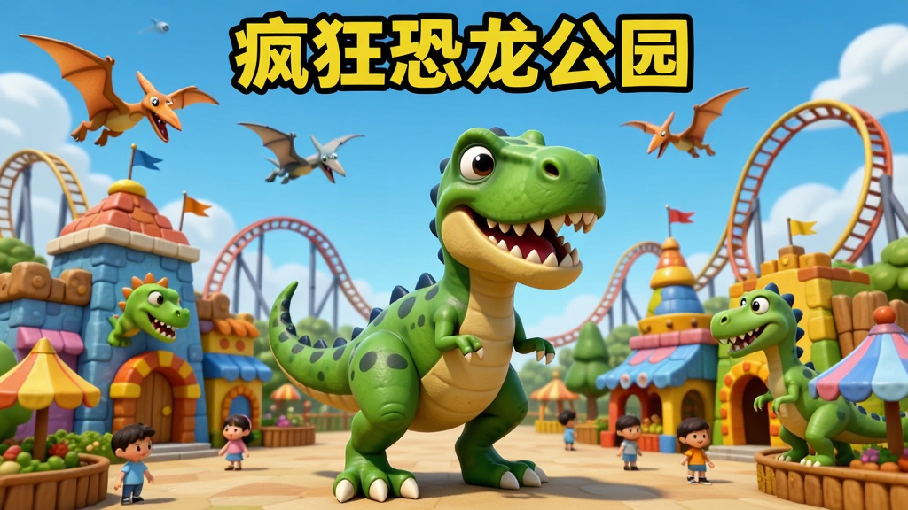一只卡通风格的绿色霸王龙站在游乐场中央,周围有五彩缤纷的恐龙主题建筑和过山车轨道,天空中有翼龙飞过,画面采用明亮鲜艳的色彩,布局以恐龙和公园设施为主体,风格为卡通3D渲染,细节包括恐龙表情生动、建筑纹理清晰、游客小人点缀其间,画质高清干净无多余元素,图片上方用黄色粗体字写着“疯狂恐龙公园”