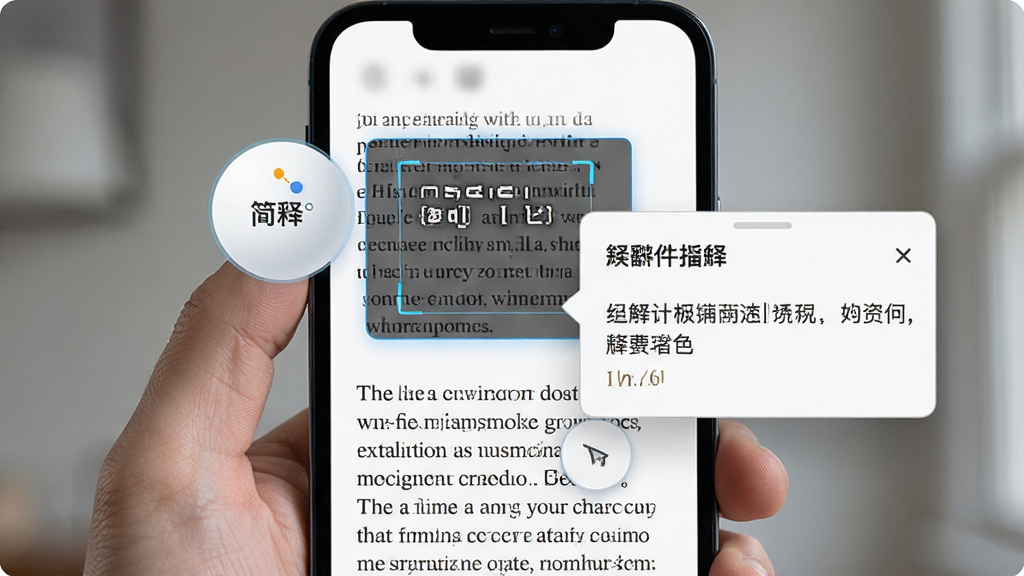 ����ͨApp�������빦����ʾͼ��������һֻ�������ֻ����ֻ���Ļ����ʾӢ�����£�һ��Բ��������λ����Ļ��Ե������󵯳��������Ŀ�Ƭ������Ϊ�ֻ�������д�����Ϊдʵ�Ƽ��磬ϸ�ڰ�������������ʶ���ͷ����������ʸ��壬�ɾ����޶���Ԫ��