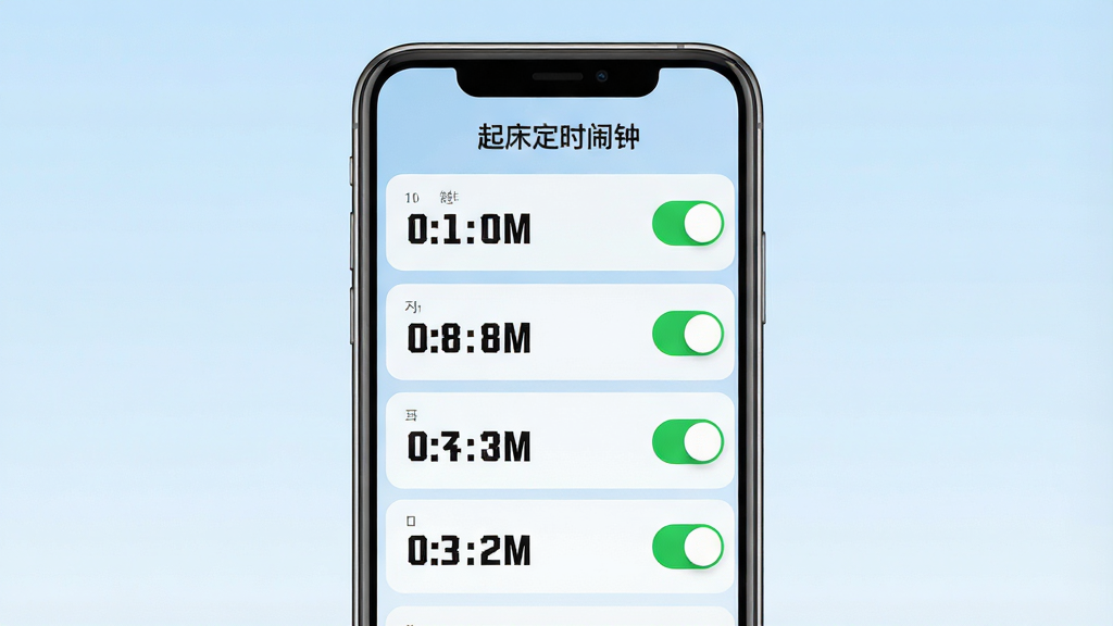 一张起床定时闹钟主界面列表的图片,画面中央展示手机屏幕上的闹钟列表,每个闹钟条目左侧显示时间,右侧有开关按钮,屏幕顶部有“起床定时闹钟”标题栏,背景为淡蓝色渐变,布局为手机正面居中,风格简约商务,细节包括开关按钮的绿色高亮状态、时间字体加粗,画质高清,干净,无多余元素