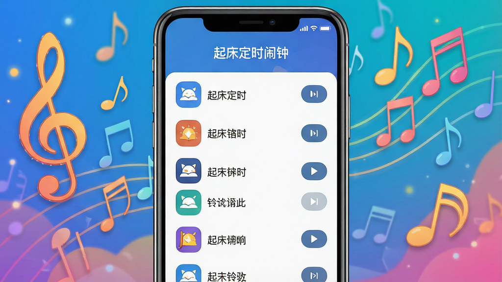 一张起床定时闹钟铃声选择界面的图片,画面中央展示手机屏幕上的铃声列表,每个铃声名称旁边有播放试听按钮,屏幕顶部显示“起床定时闹钟”标题,背景为音乐符号和音符漂浮的抽象图案,布局为手机界面正面居中,风格活泼明快,细节包括列表项图标、选中状态高亮,画质高清,干净,无多余元素
