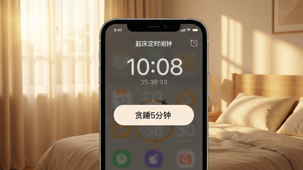 一张起床定时闹钟贪睡功能展示的图片,画面中央展示手机屏幕上弹出贪睡按钮的界面,按钮文字显示“贪睡5分钟”,屏幕上方有“起床定时闹钟”应用标识,背景为清晨阳光透过窗帘的卧室场景,布局为手机界面居中展示,风格温暖柔和,细节包括按钮圆角设计、时间显示清晰,画质高清,干净,无多余元素