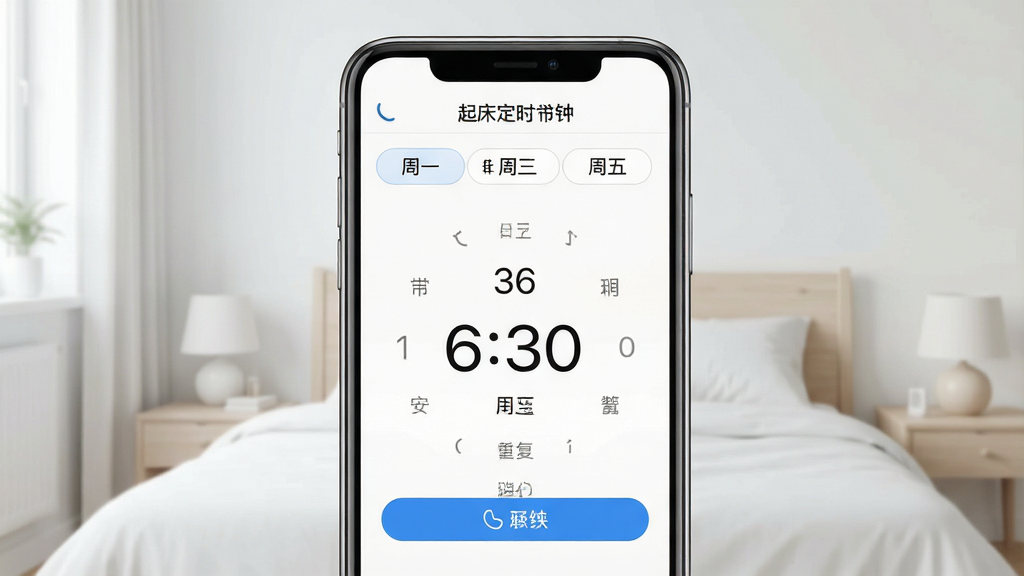 一张起床定时闹钟应用设置界面的图片,画面中央展示手机屏幕上的闹钟时间选择器,用户正在设置早上6点30分的闹钟,屏幕上方有“起床定时闹钟”应用名称,界面显示重复周期选项如周一至周五,背景为简约的浅色卧室环境,布局为手机正面展示居中,风格现代清爽,细节包括时间数字清晰、按钮图标精致,画质高清,干净,无多余元素