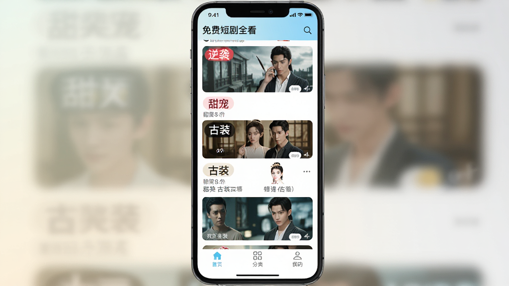 一张展示免费短剧全看多App主界面的手机截图,画面中央是竖屏短剧播放列表,包含逆袭、甜宠、古装等分类标签,底部有首页、分类、我的等导航按钮,整体风格简洁明亮,背景为浅色渐变,画面干净无多余元素,高清画质