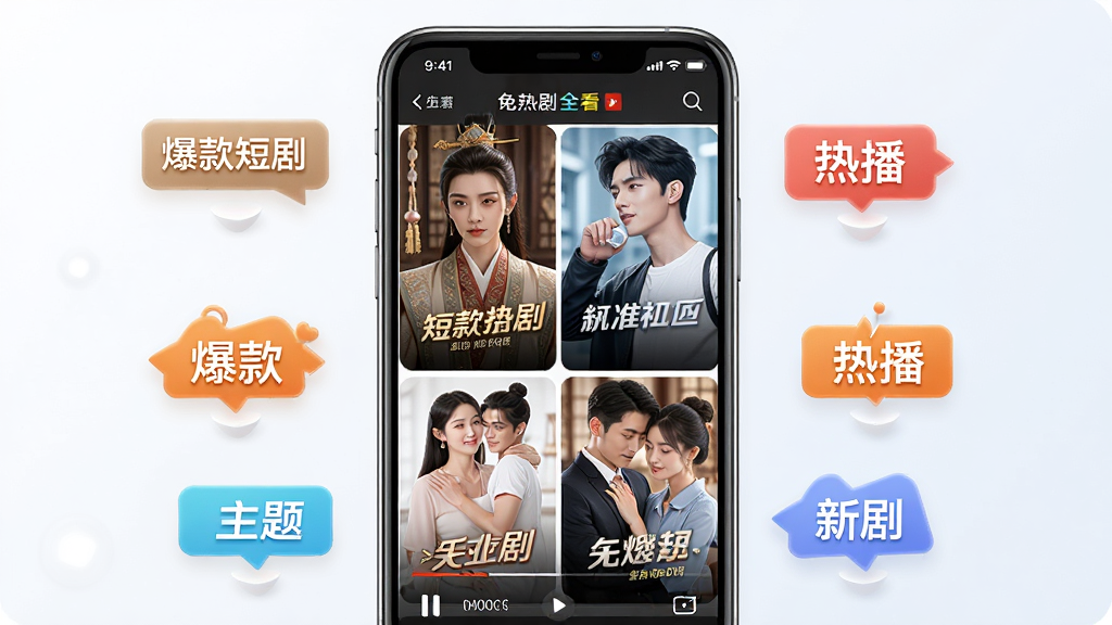 一张以免费短剧全看多为主题的AI生图,画面主体是一部智能手机竖屏展示短剧播放界面,屏幕中显示古装、现代、甜宠等多种短剧封面拼贴,手机周围漂浮着爆款、热播、新剧等文字标签,布局居中,风格清新现代,细节丰富,画质高清干净,无多余元素