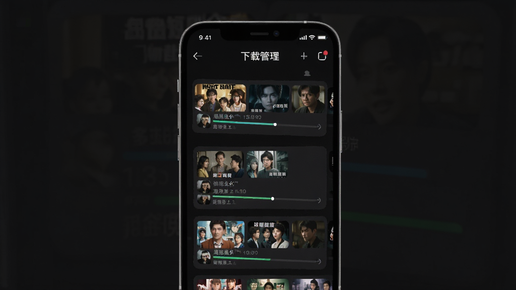 一张展示免费短剧全看多App离线缓存功能的示意图,画面中手机屏幕显示下载管理界面,多个短剧剧集正在缓存中,进度条清晰可见,背景为深色模式,界面简洁,画质高清,无多余装饰元素