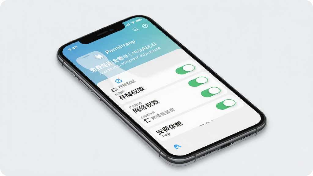 一张展示免费短剧全看多App在手机端安装设置界面的示意图,画面中手机屏幕显示权限管理页面,包含存储权限、网络权限等开关按钮,界面简洁清晰,背景为浅灰色,画质高清,无多余元素